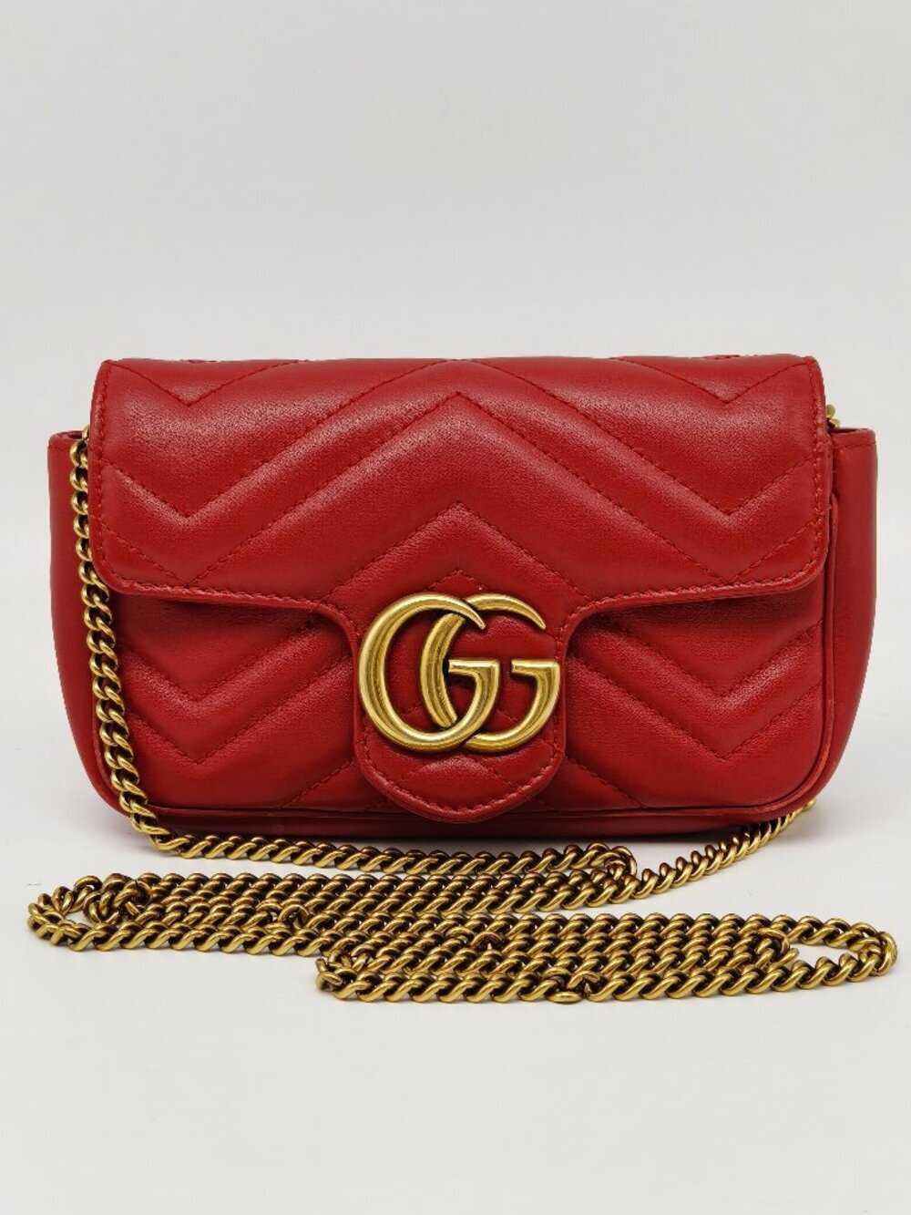 Gucci GG Marmont Super Mini Red Matelassé Chain Shoulder Bag